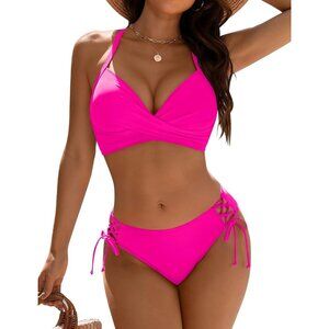 Blooming Jelly Hot Pink Bikini Cheeky 2-Piece Swimsuit Criss Cross Straps LARGE